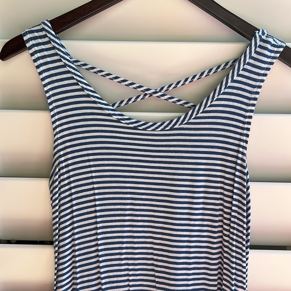 Blue and White light striped tank top sundress with criss cross back - Picture 2 of 5